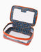 Floral-patterned makeup case with orange trim on a white background