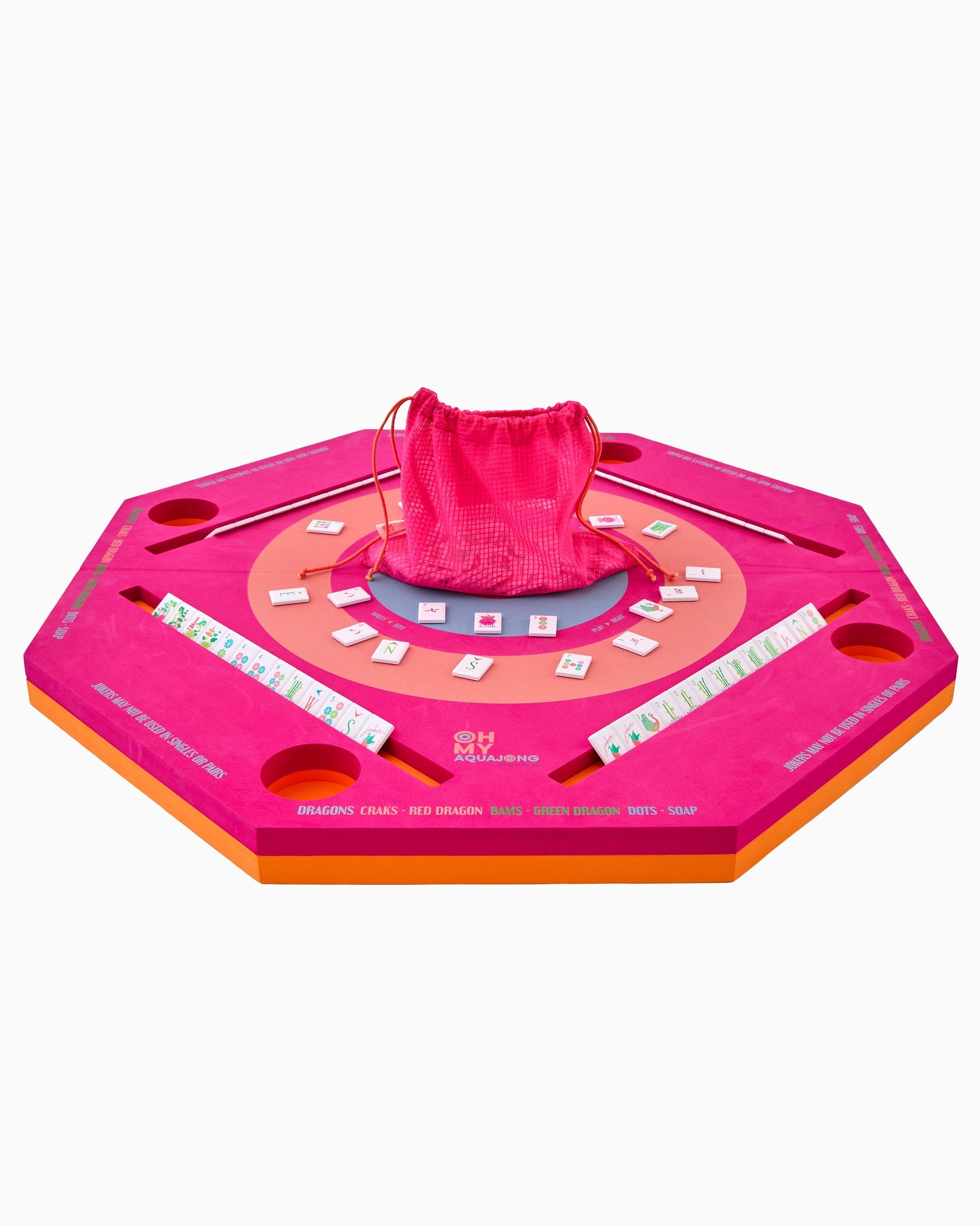 Pink and orange game board with a draw bag on a white background