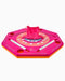 Pink and orange game board with a draw bag on a white background