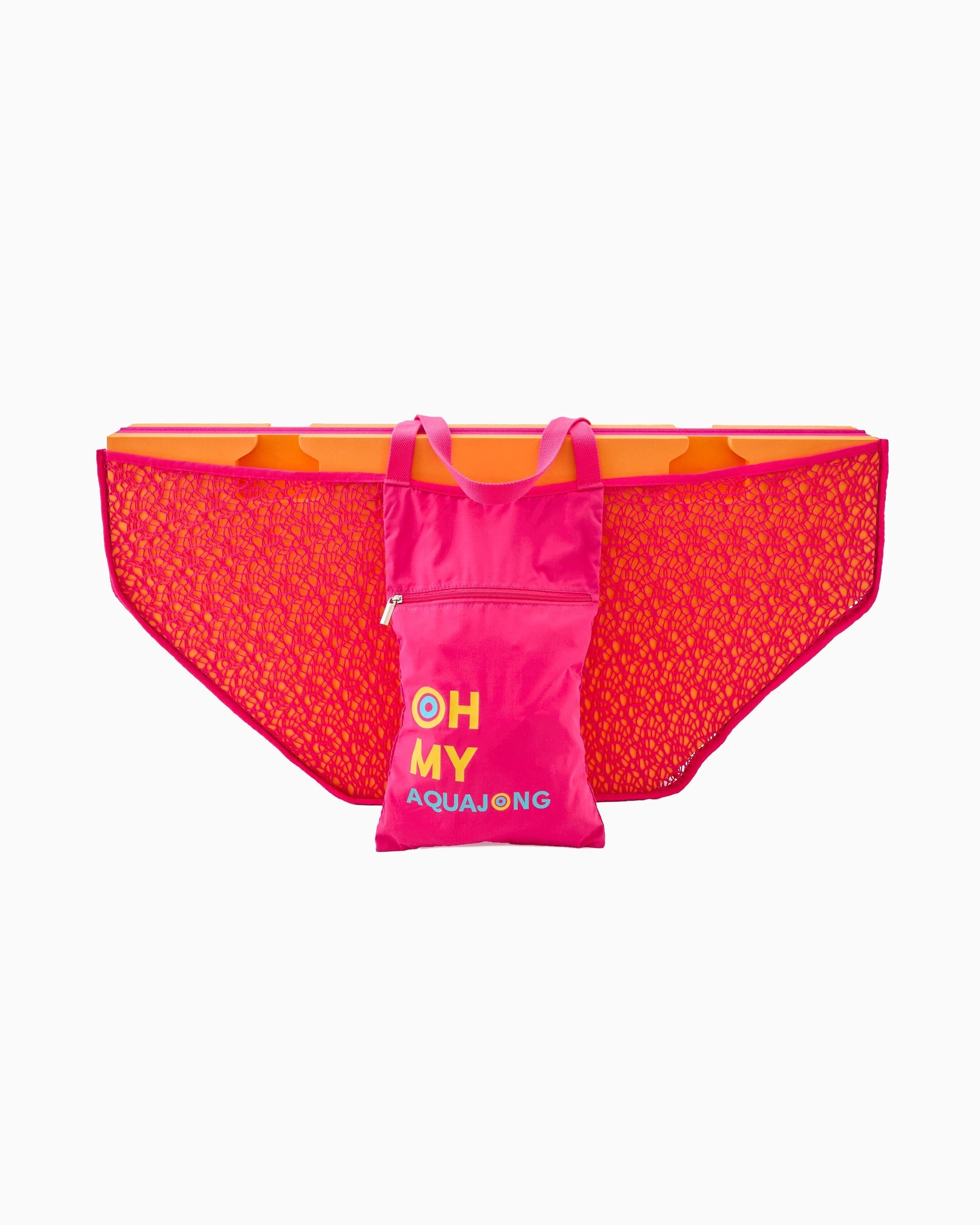 Pink swim bag with 'OH MY' text and 'Aquajong' branding on a white background