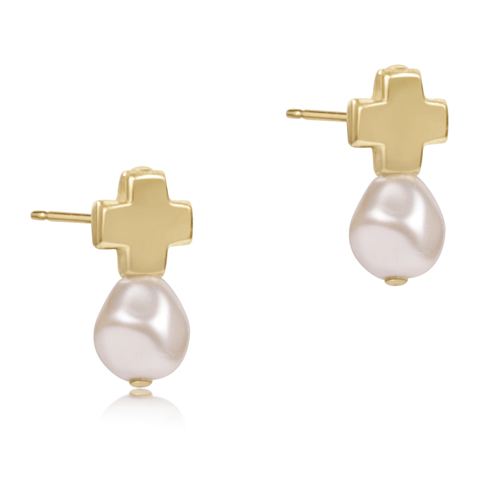 ENewton Pearl Signature Cross Gold Stud Earrings