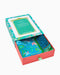 Boxed set of colorful tablecloths with decorative patterns on a white background