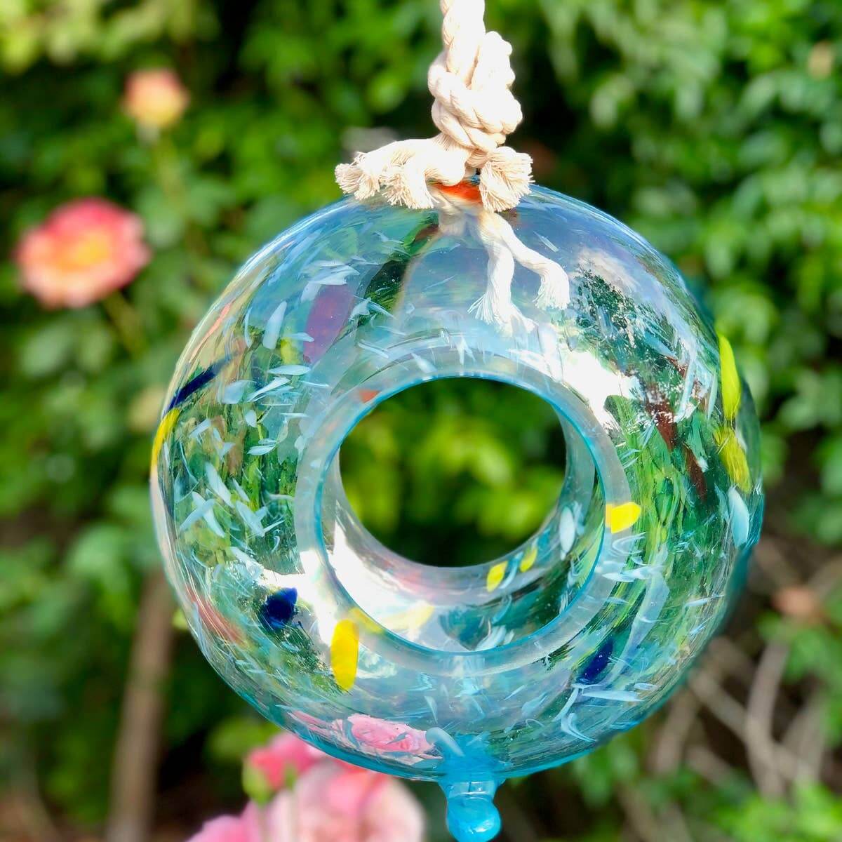 Hand Blown Art Glass Bird Feeder Clear Multi