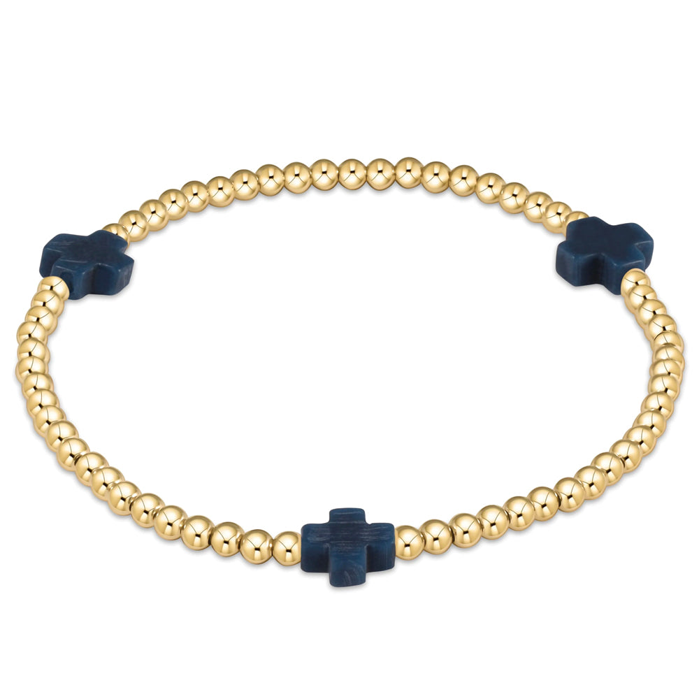 Extends Signature Cross Gold Pattern 3mm Bead Bracelet Navy by E Newton